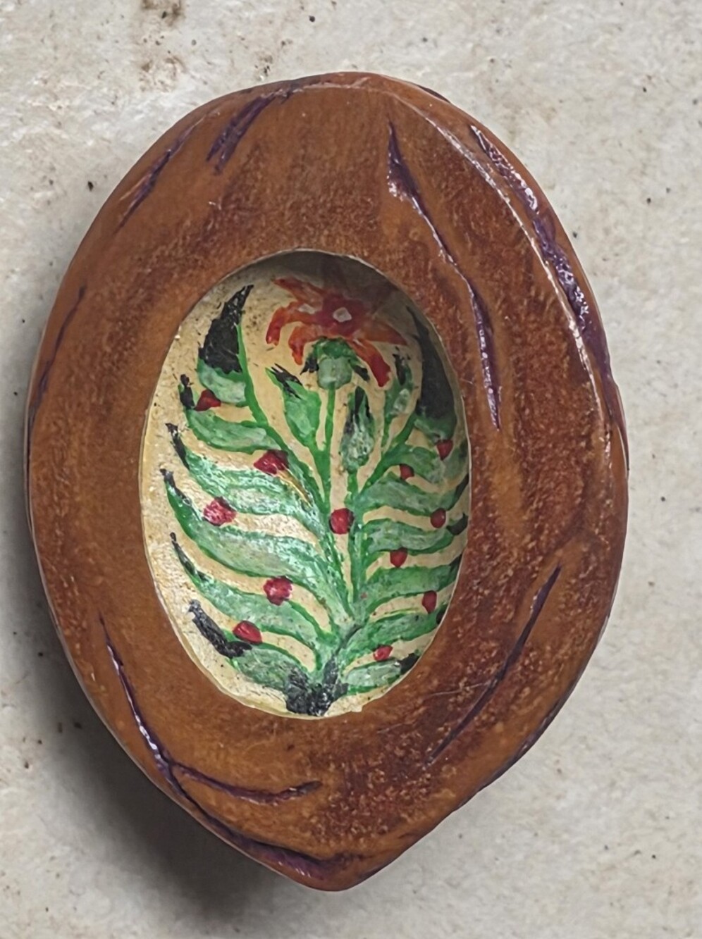Unique Handpainted Floral Nut Pit Brooch. Mid-century Artisan Unique Treasure